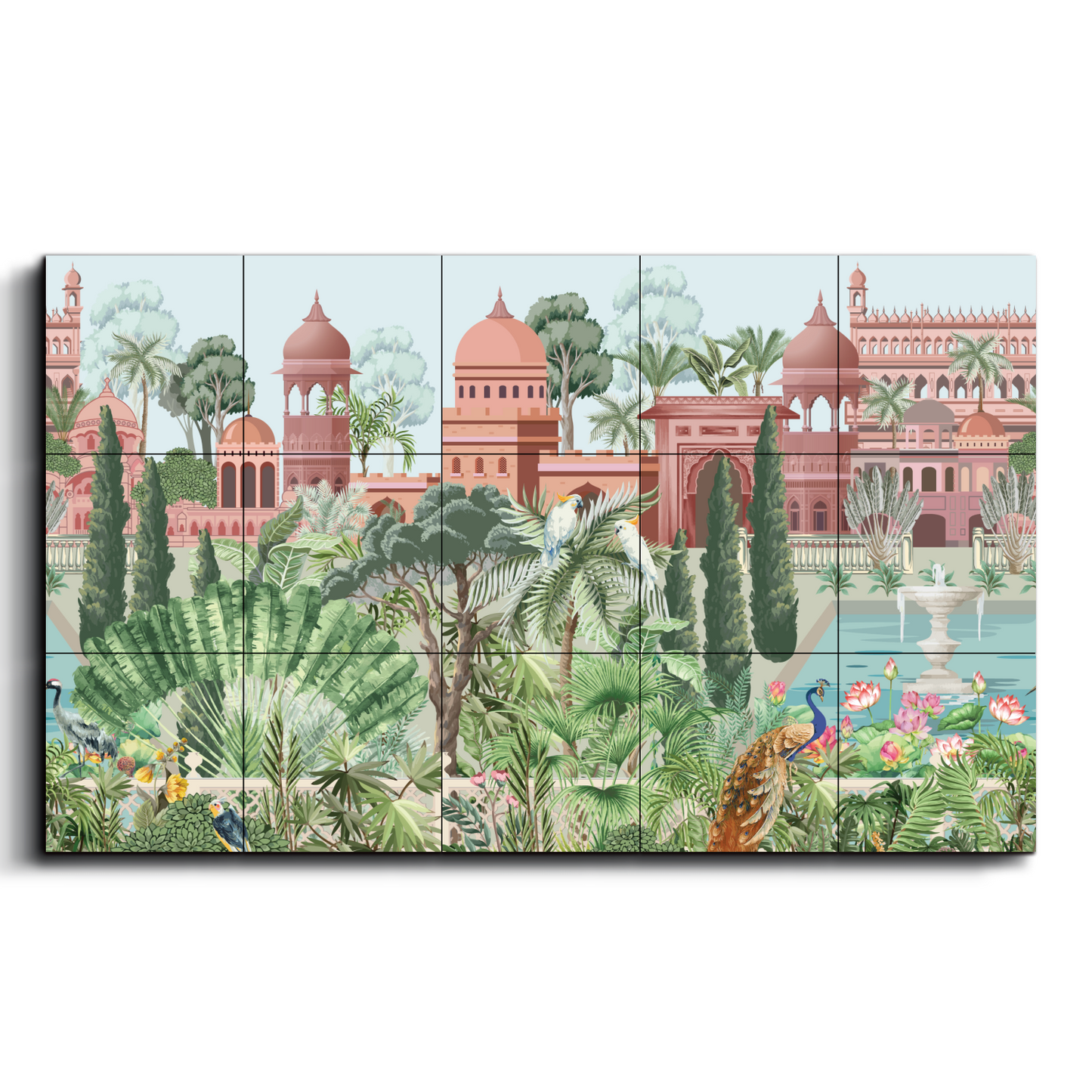 Mughal Garden and Palace Traditional Wood Print Wooden Wall Tiles Set