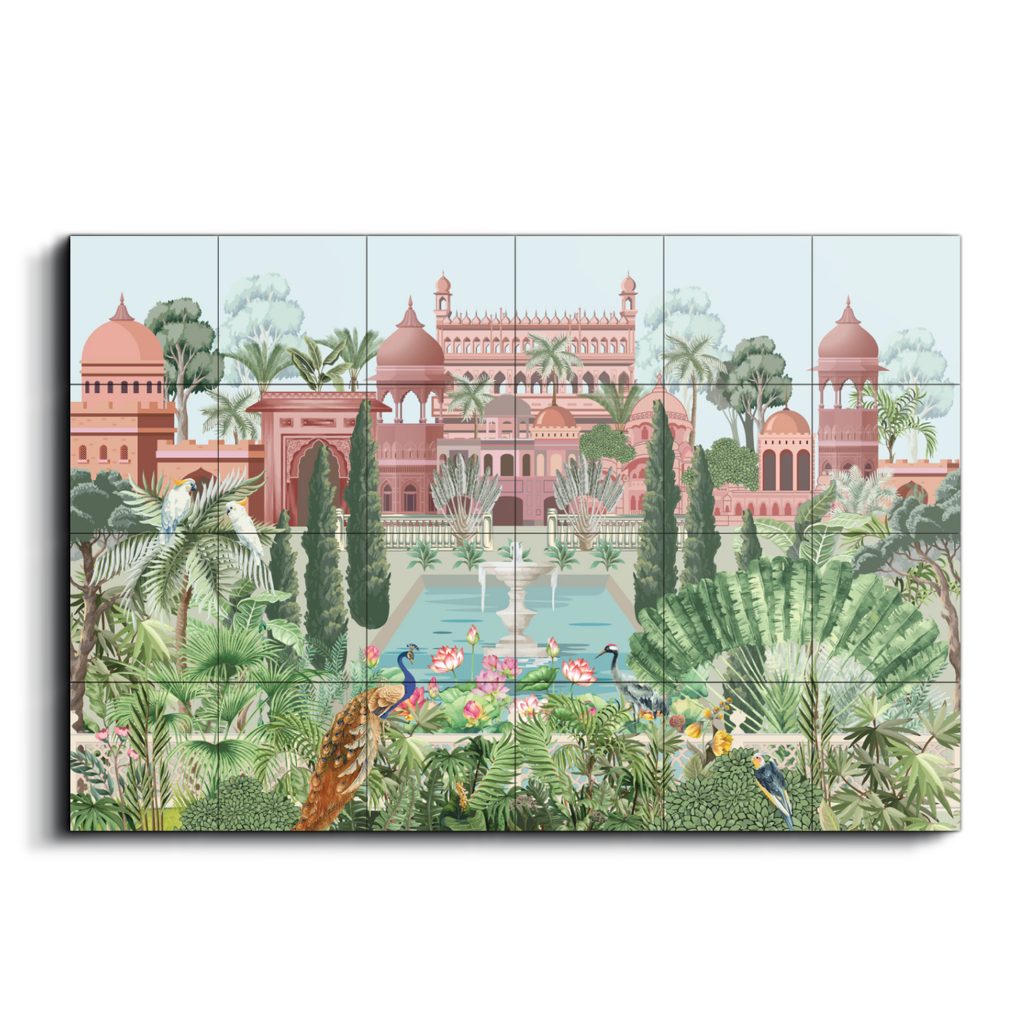 Mughal Garden and Palace Traditional Wood Print Wooden Wall Tiles Set