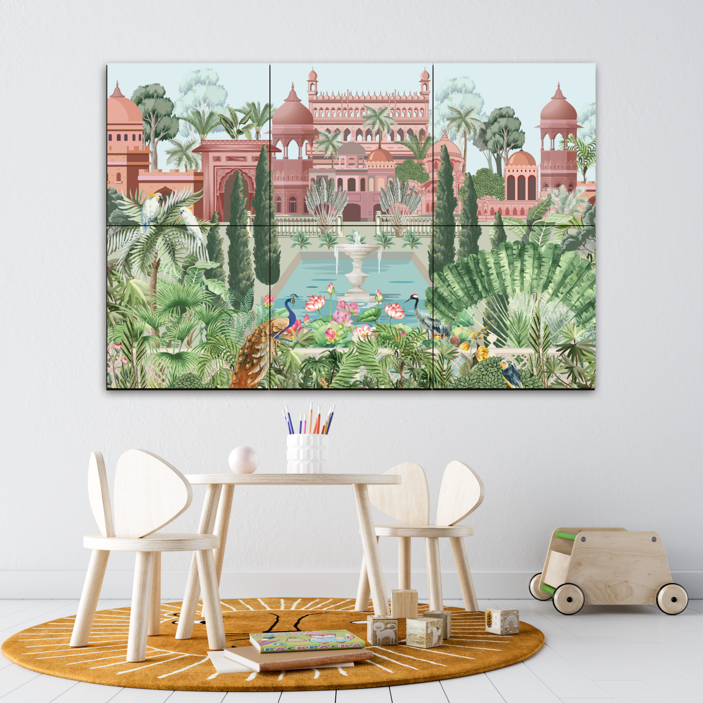 Mughal Garden and Palace Traditional Wood Print Wooden Wall Tiles Set