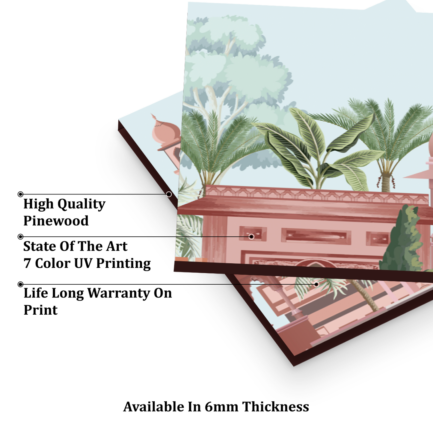 Mughal Garden and Palace Traditional Wood Print Wooden Wall Tiles Set