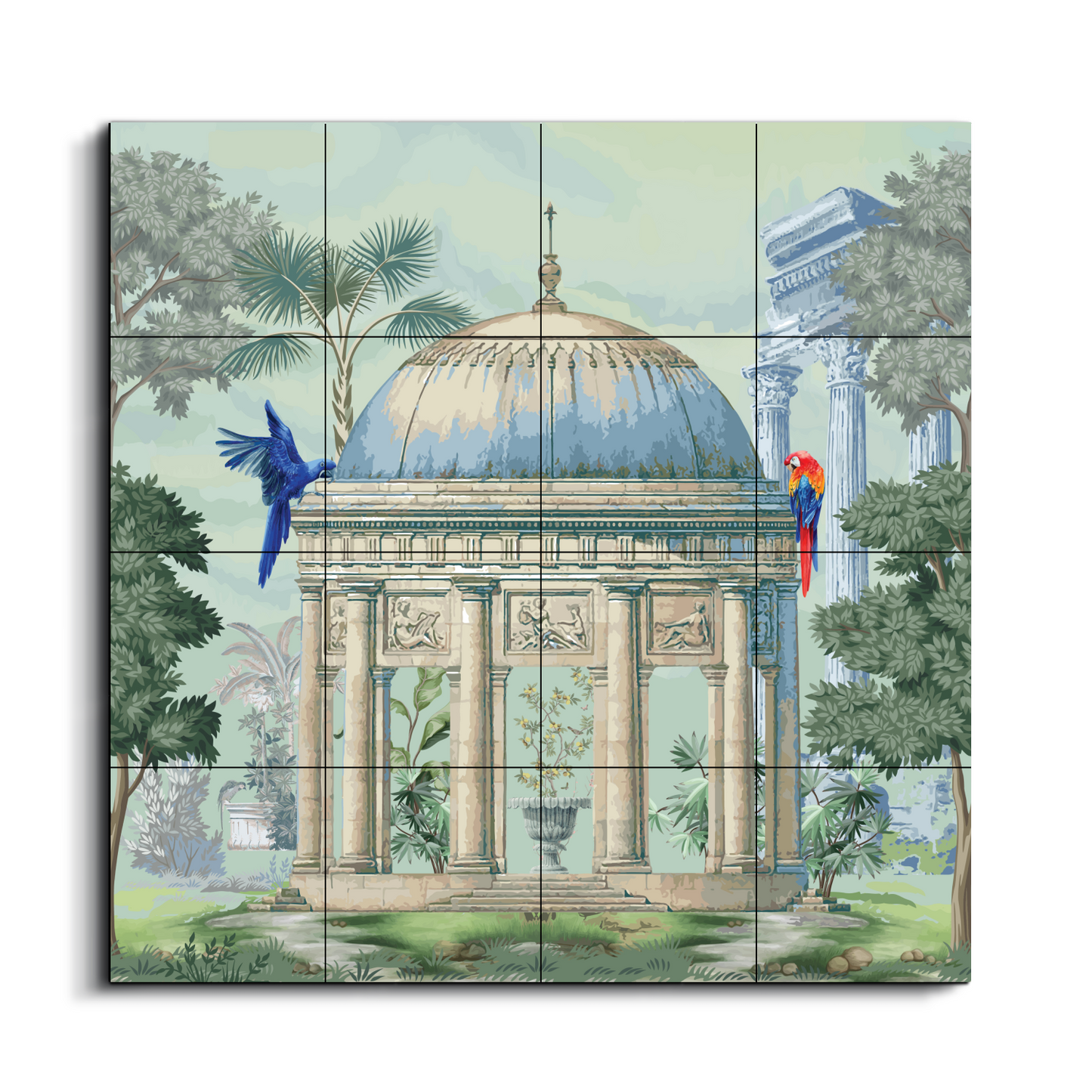 Royal Gazebo With Macaw Birds Wood Print Wooden Wall Tiles Set-Luxury Wall Art