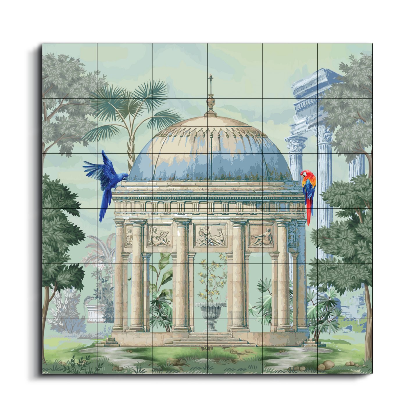 Royal Gazebo With Macaw Birds Wood Print Wooden Wall Tiles Set-Luxury Wall Art