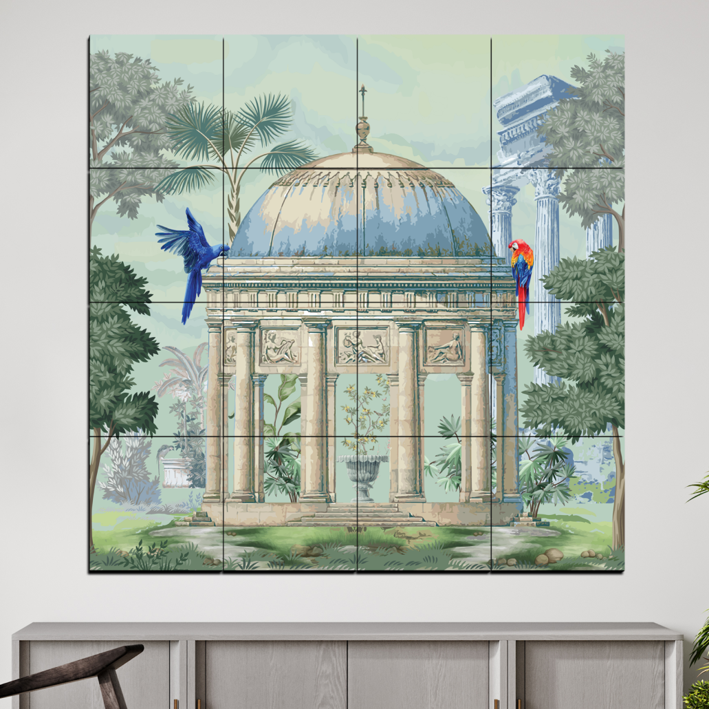 Royal Gazebo With Macaw Birds Wood Print Wooden Wall Tiles Set-Luxury Wall Art