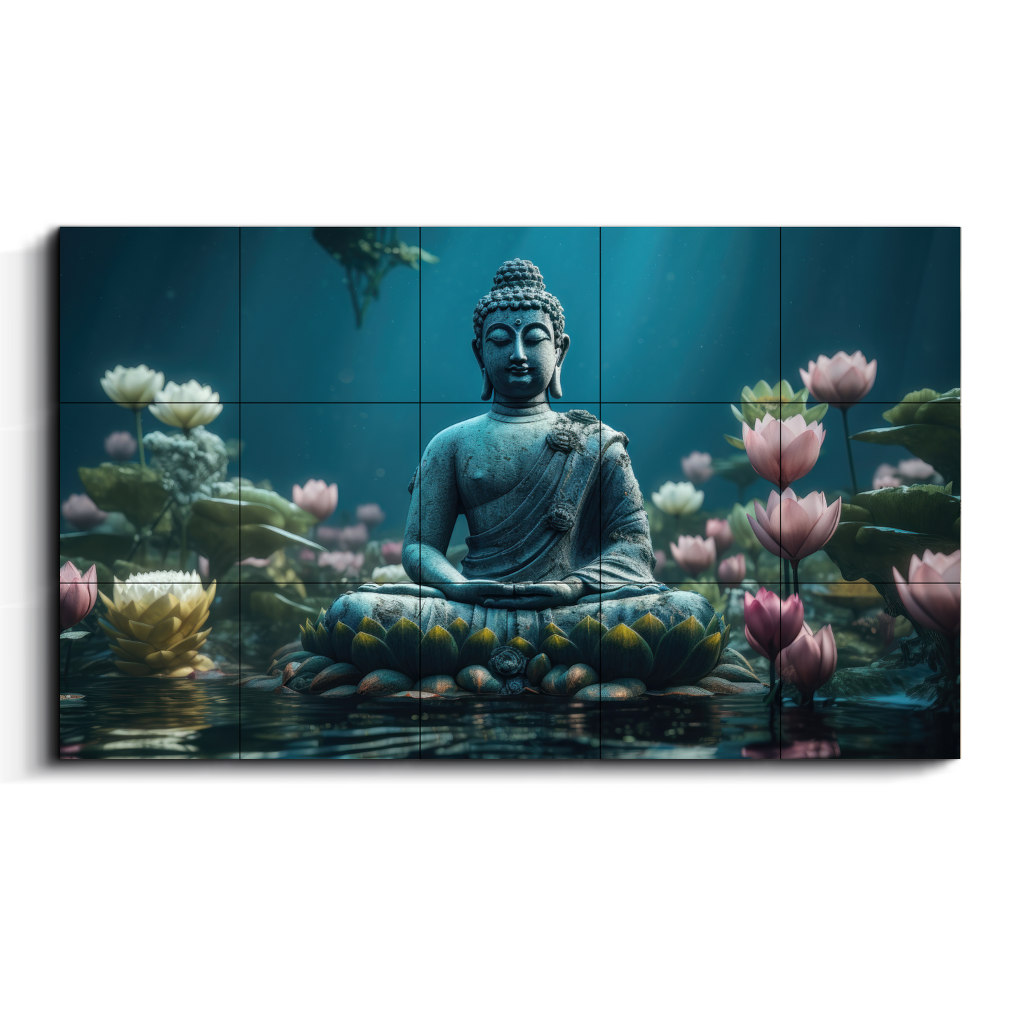 Buddha Meditating in Lotus Blue and Pink Wood Print Wooden Wall Tiles Set