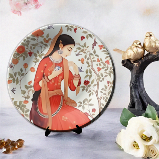 traditional look women in red dress ceramic wall plates