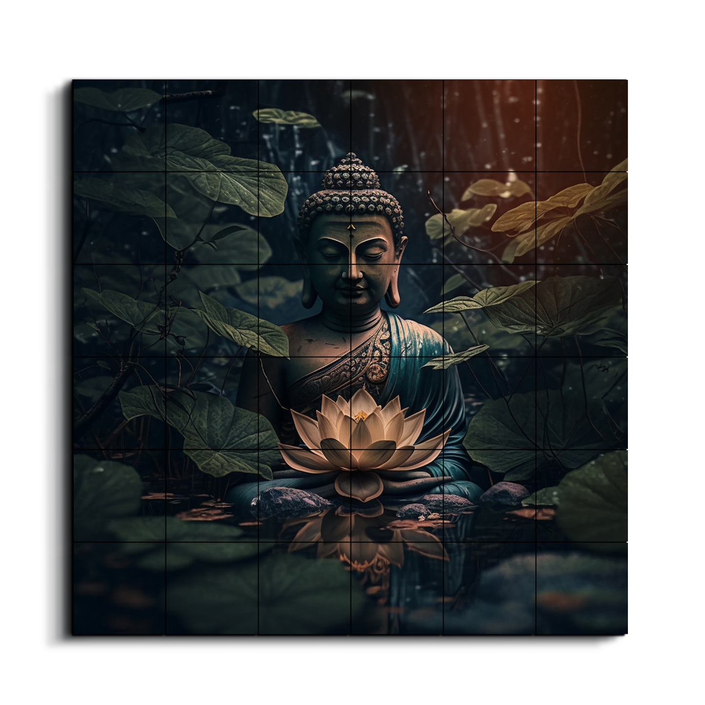 Buddha Meditating in Dark Wood Print Wooden Wall Tiles Set