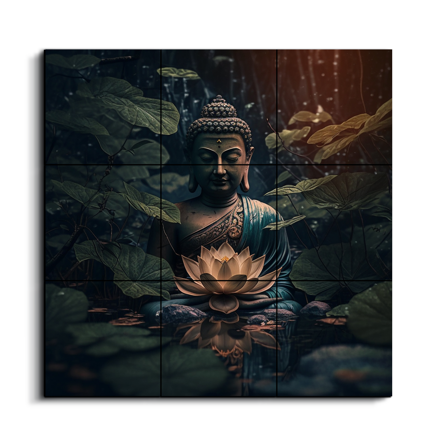 Buddha Meditating in Dark Wood Print Wooden Wall Tiles Set