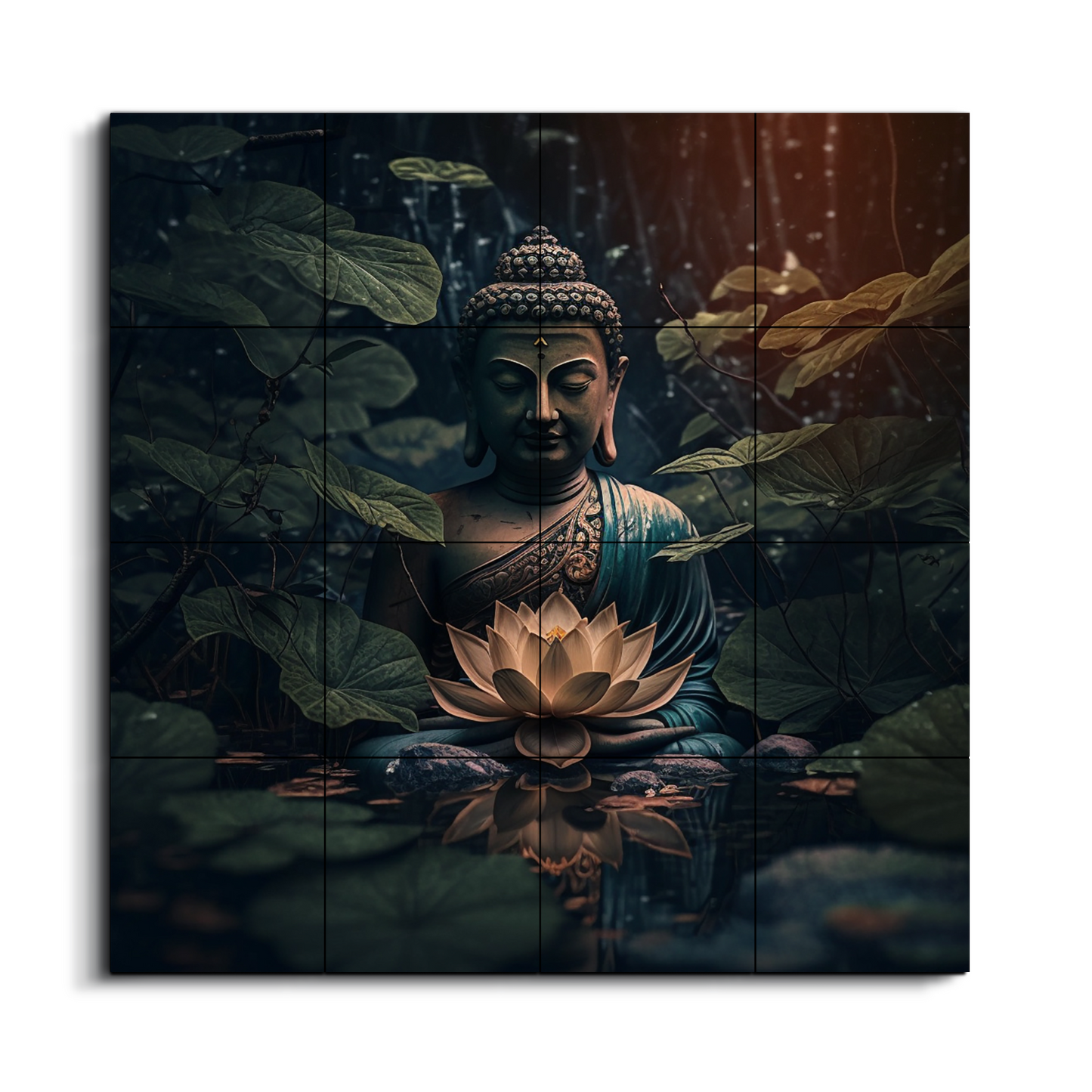 Buddha Meditating in Dark Wood Print Wooden Wall Tiles Set