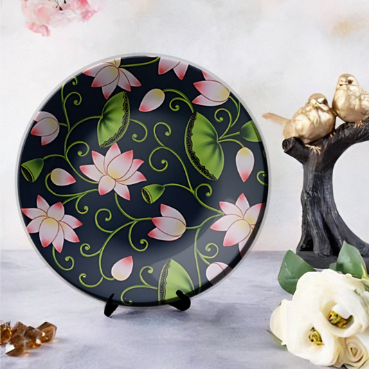 Pink lotus and leaves black wall decor ceramic plates