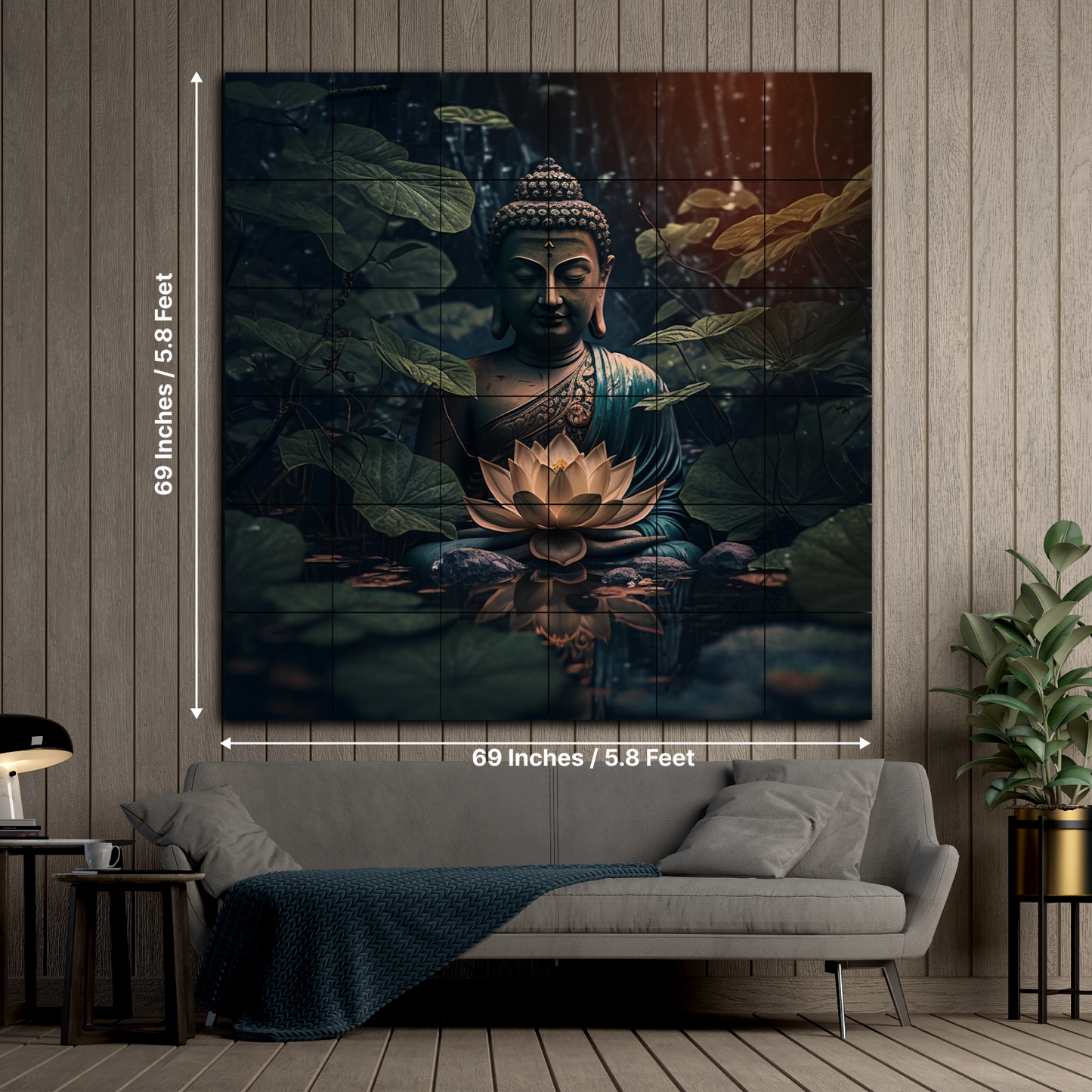 Buddha Meditating in Dark Wood Print Wooden Wall Tiles Set
