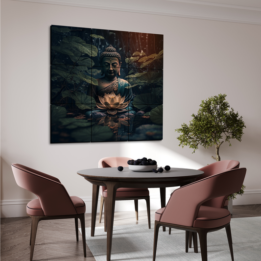 Buddha Meditating in Dark Wood Print Wooden Wall Tiles Set