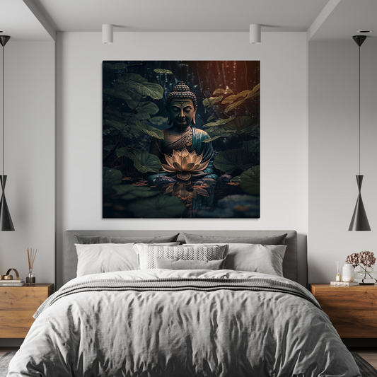 Buddha Meditating in Dark Wood Print Wooden Wall Tiles Set