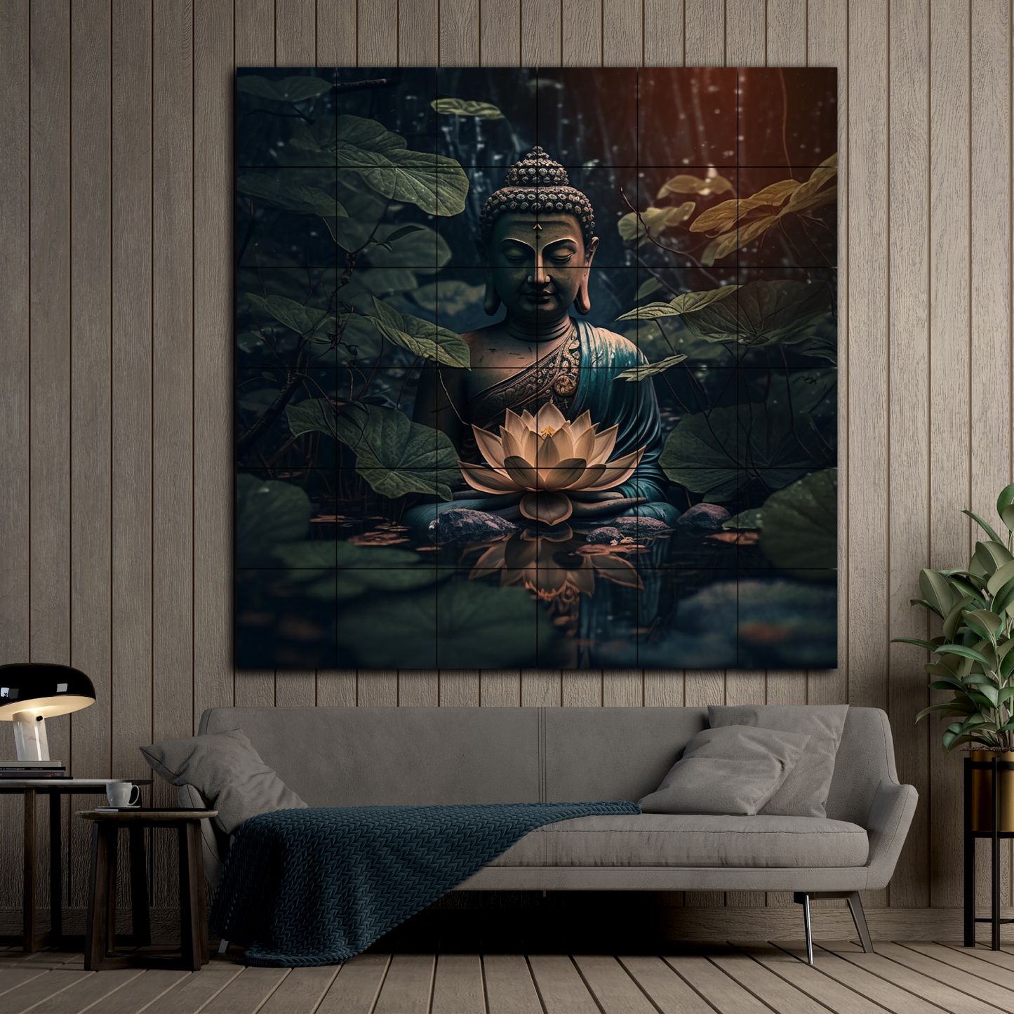 Buddha Meditating in Dark Wood Print Wooden Wall Tiles Set