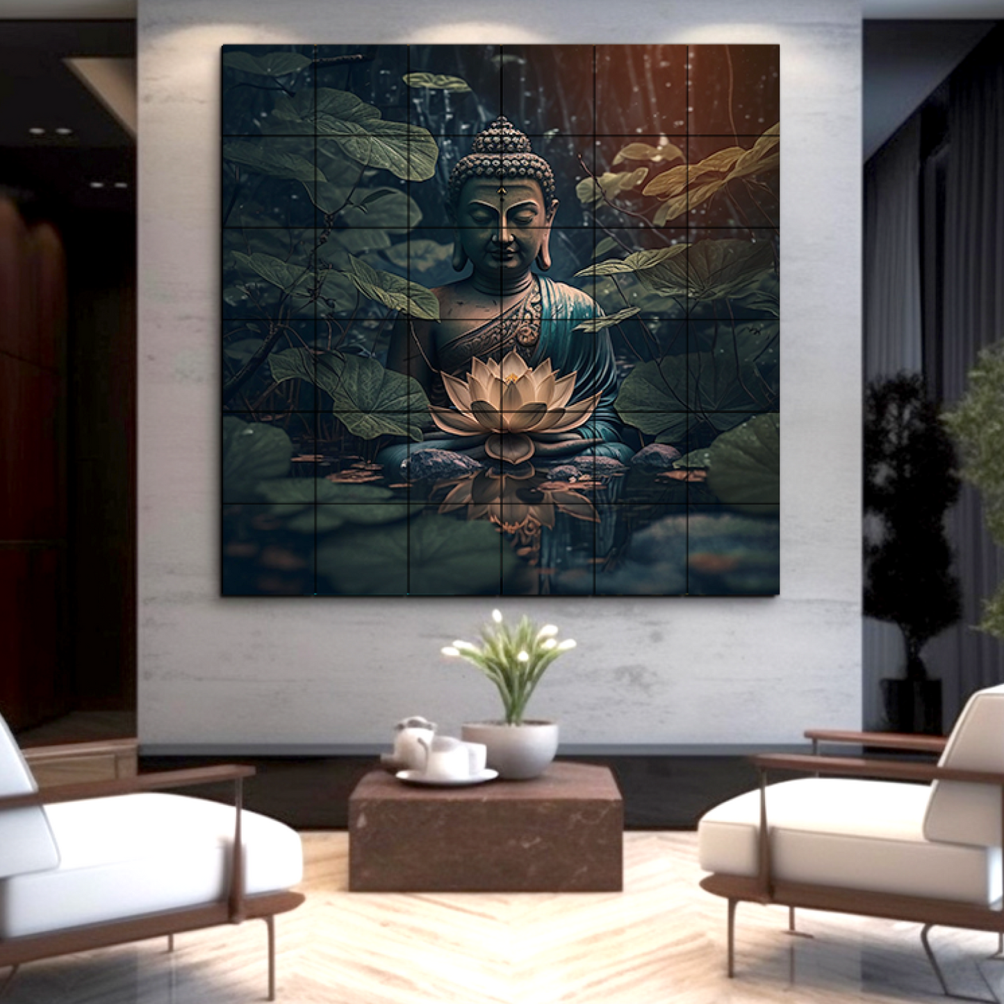 Buddha Meditating in Dark Wood Print Wooden Wall Tiles Set