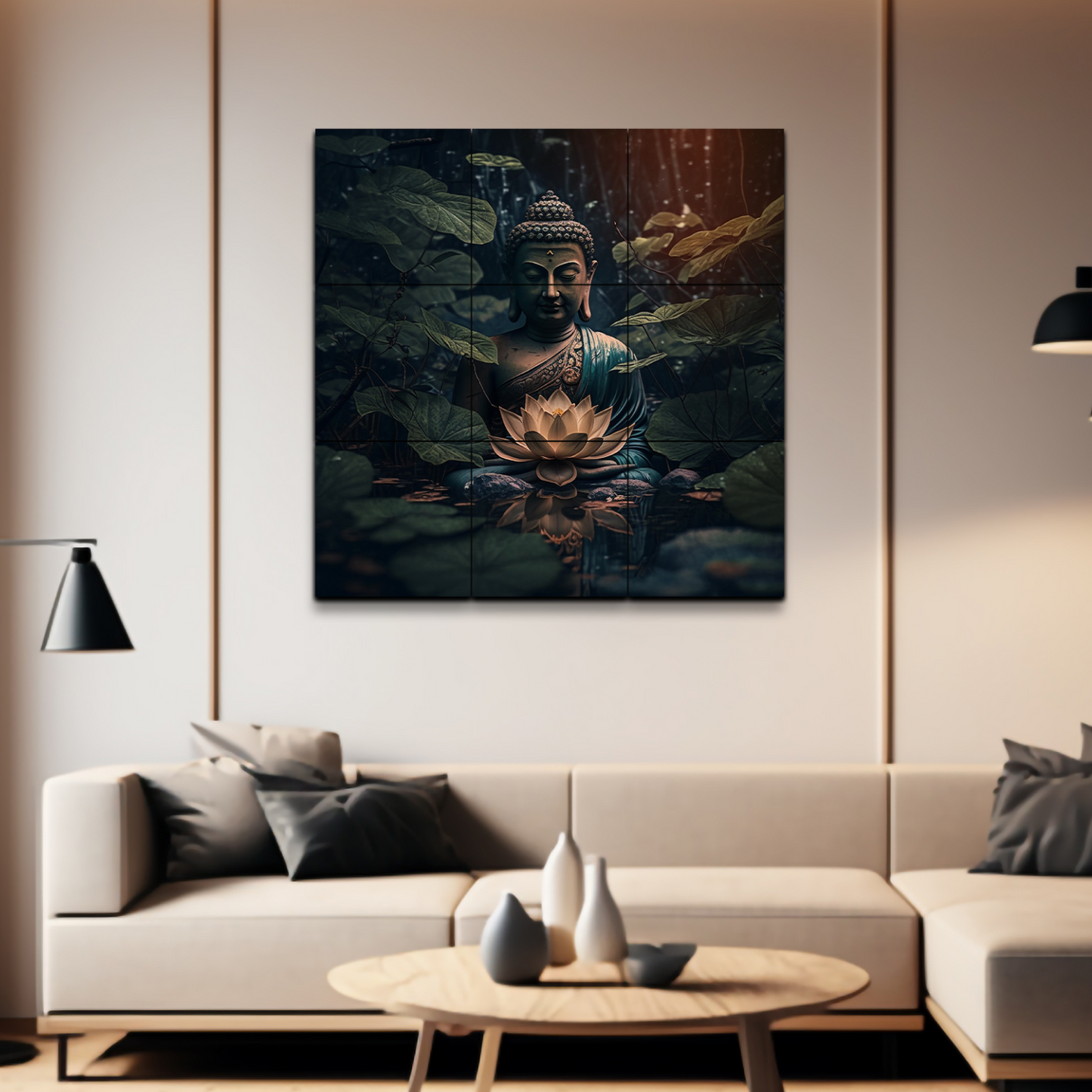 Buddha Meditating in Dark Wood Print Wooden Wall Tiles Set