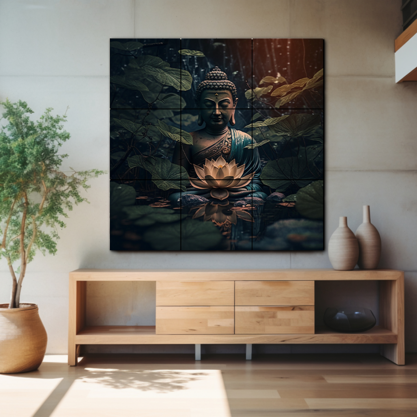 Buddha Meditating in Dark Wood Print Wooden Wall Tiles Set