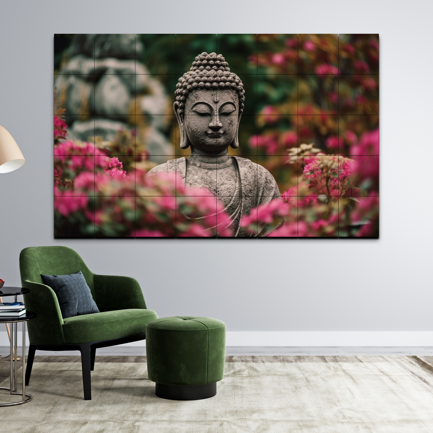 Meditating Buddha With Flowers Wood Print Wooden Wall Tiles Set