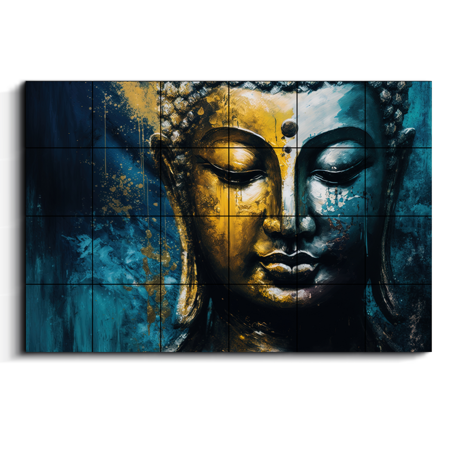 Meditating Buddha Blue Wood Print Wooden Wall Tiles Set