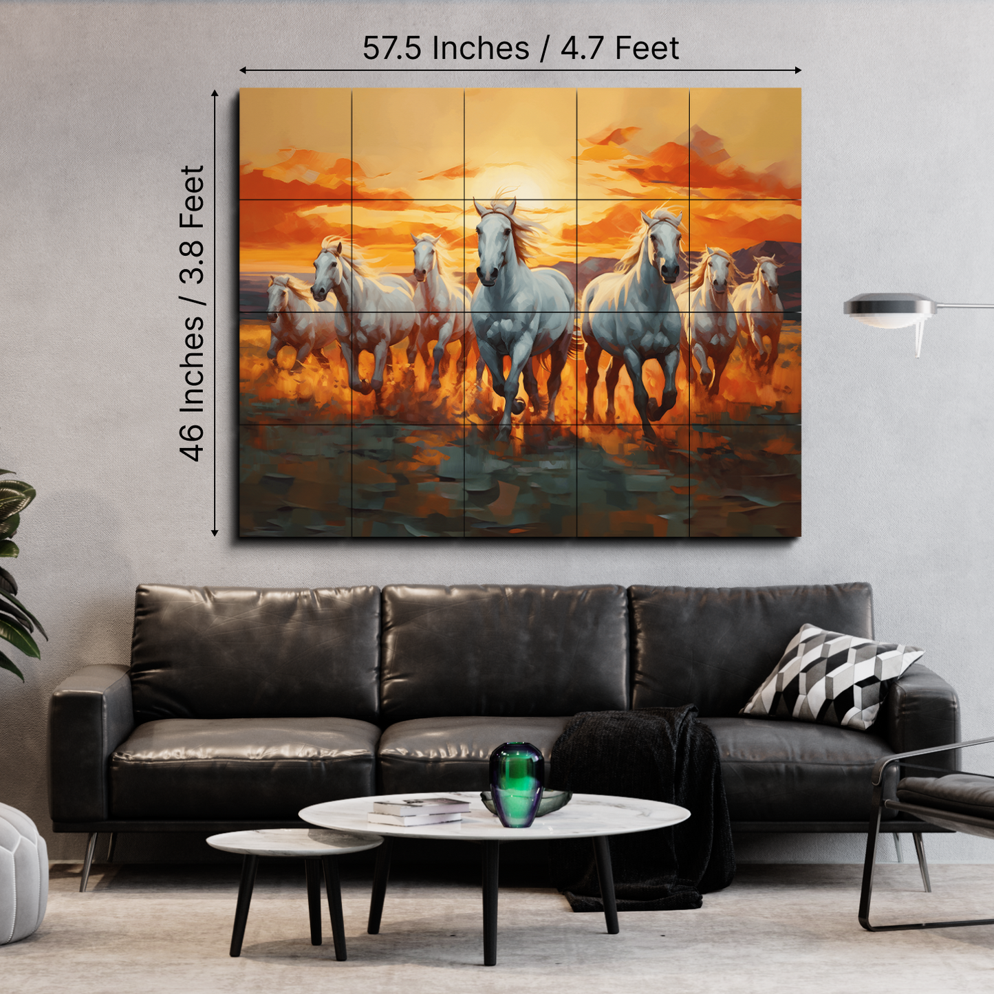 7 Horses Painting With Sunrise Wood Print Wooden Wall Tiles Set-Luxury Wall Art