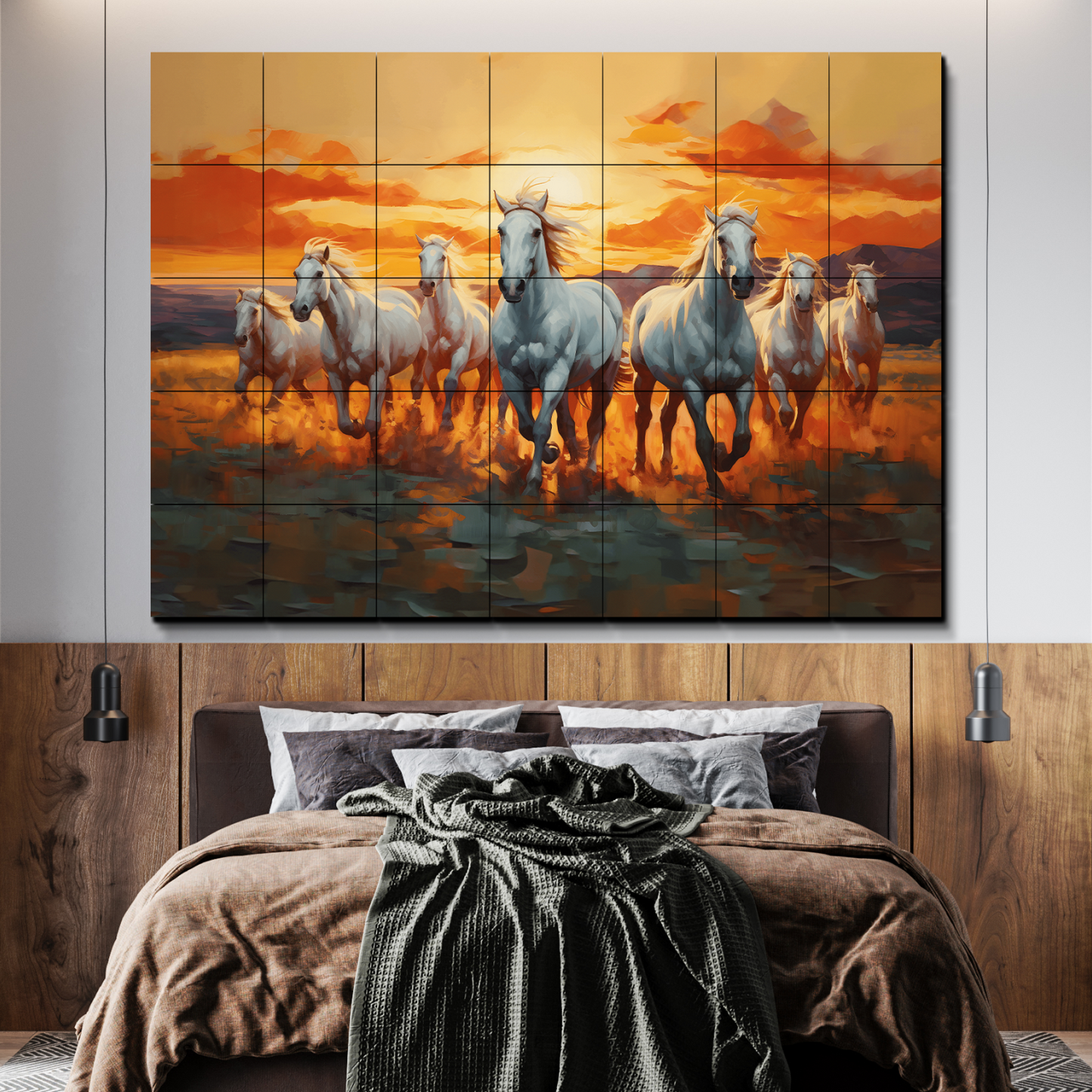 7 Horses Painting With Sunrise Wood Print Wooden Wall Tiles Set-Luxury Wall Art