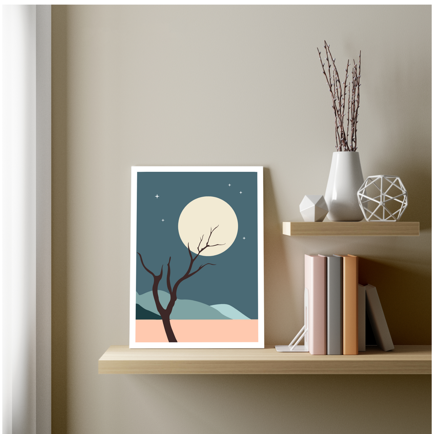 Night Boho Beige Wood Print Wall Art