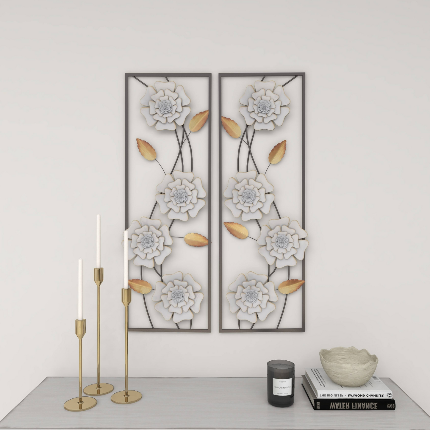 White Flowers Vertical Framed Set Metal Wall Art