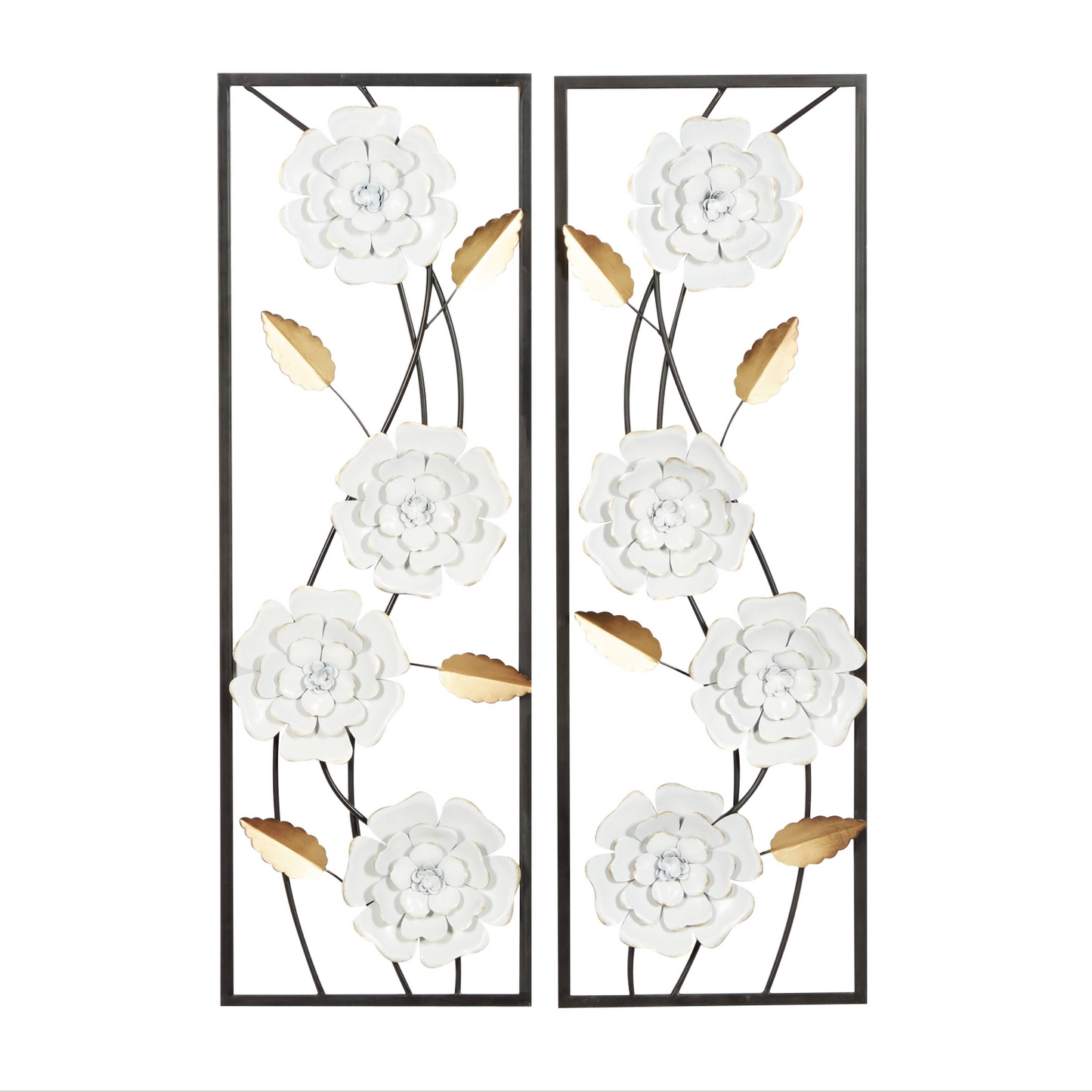 White Flowers Vertical Framed Set Metal Wall Art