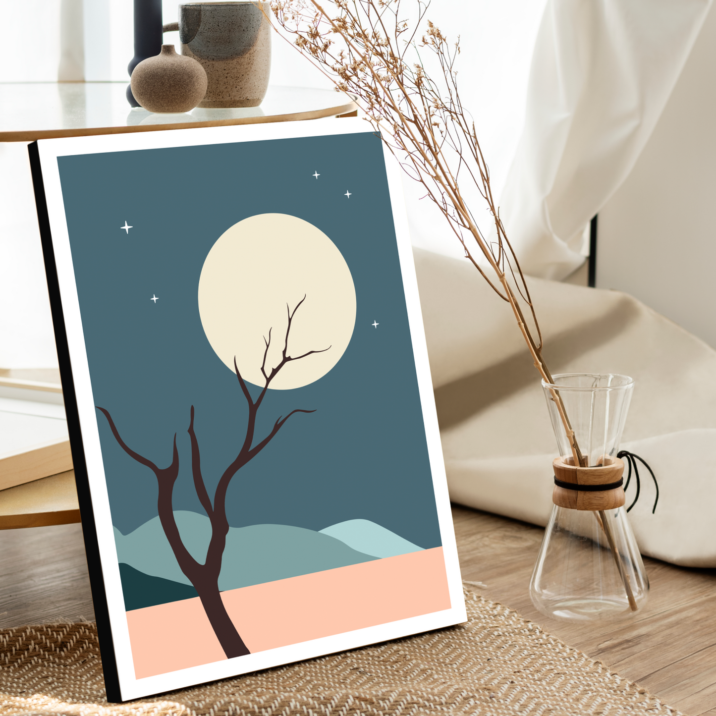 Night Boho Beige Wood Print Wall Art