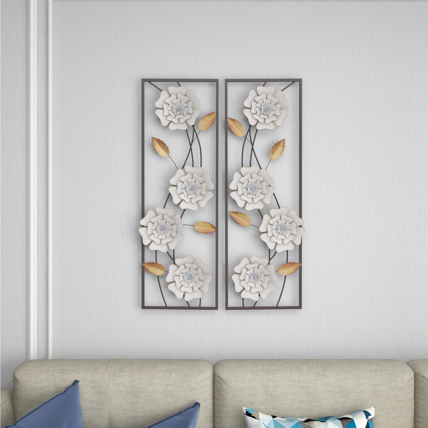 White Flowers Vertical Framed Set Metal Wall Art