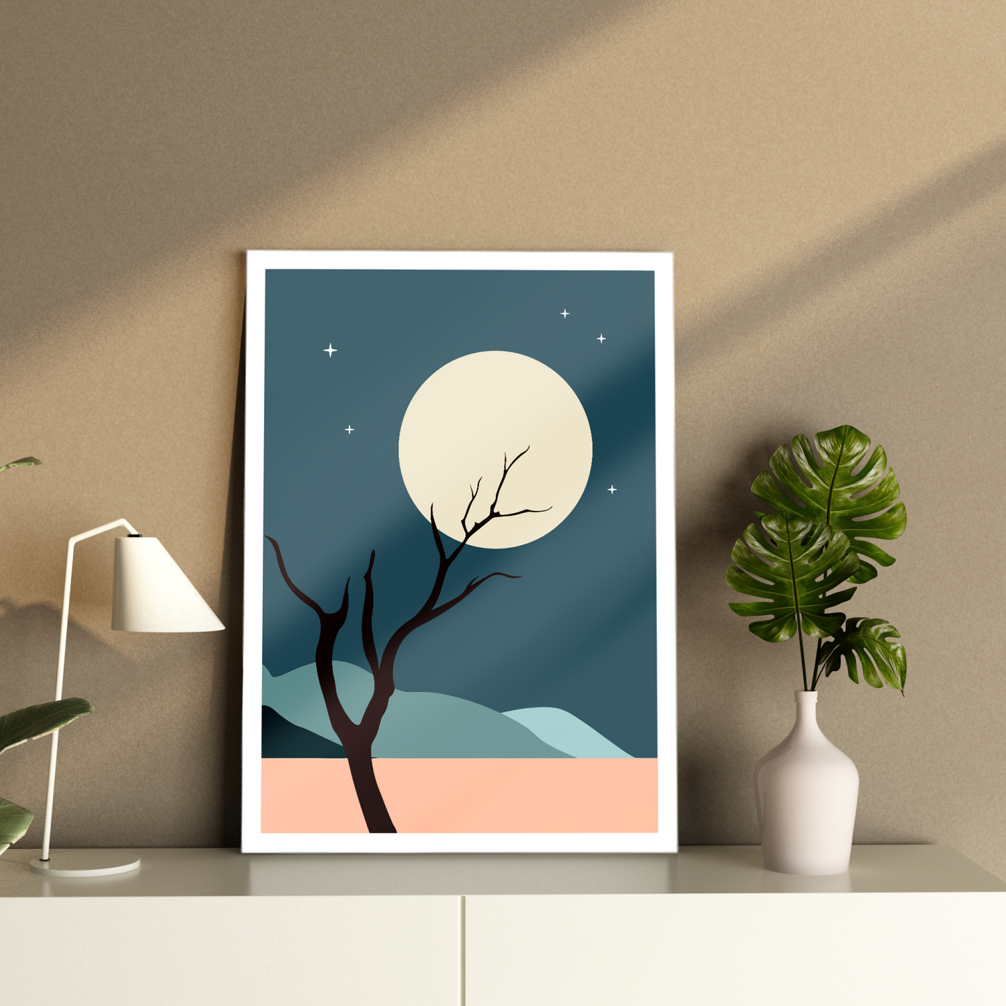 Night Boho Beige Wood Print Wall Art