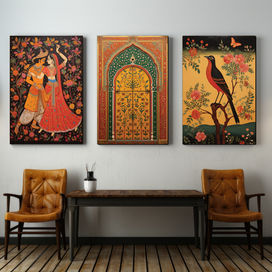 Traditional Rajasthani Couple Pichwai Wood Print Wall Art Set of 3