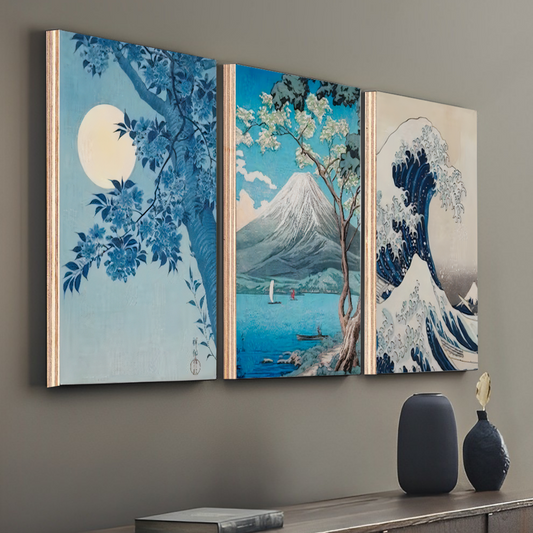 Nature Landscape Blue Wood Print Wall Art Set of 3