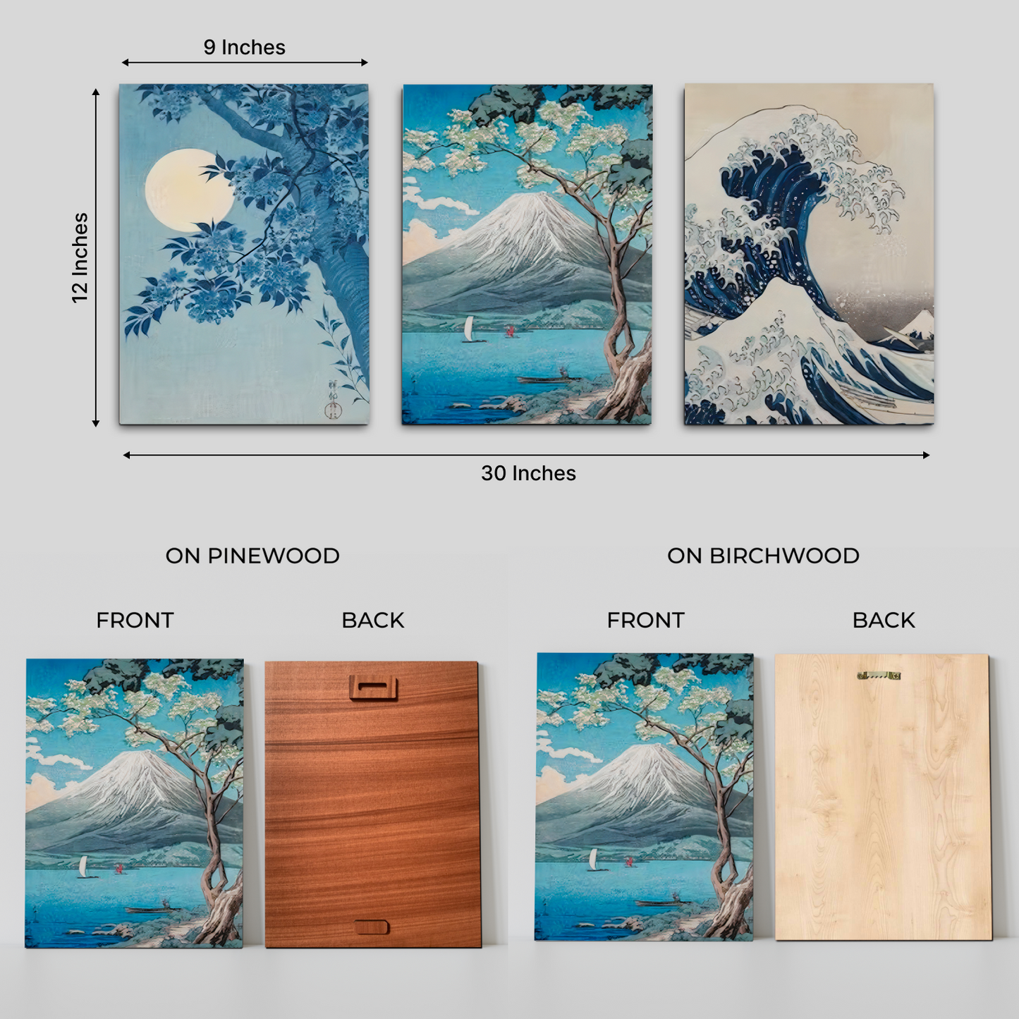 Nature Landscape Blue Wood Print Wall Art Set of 3