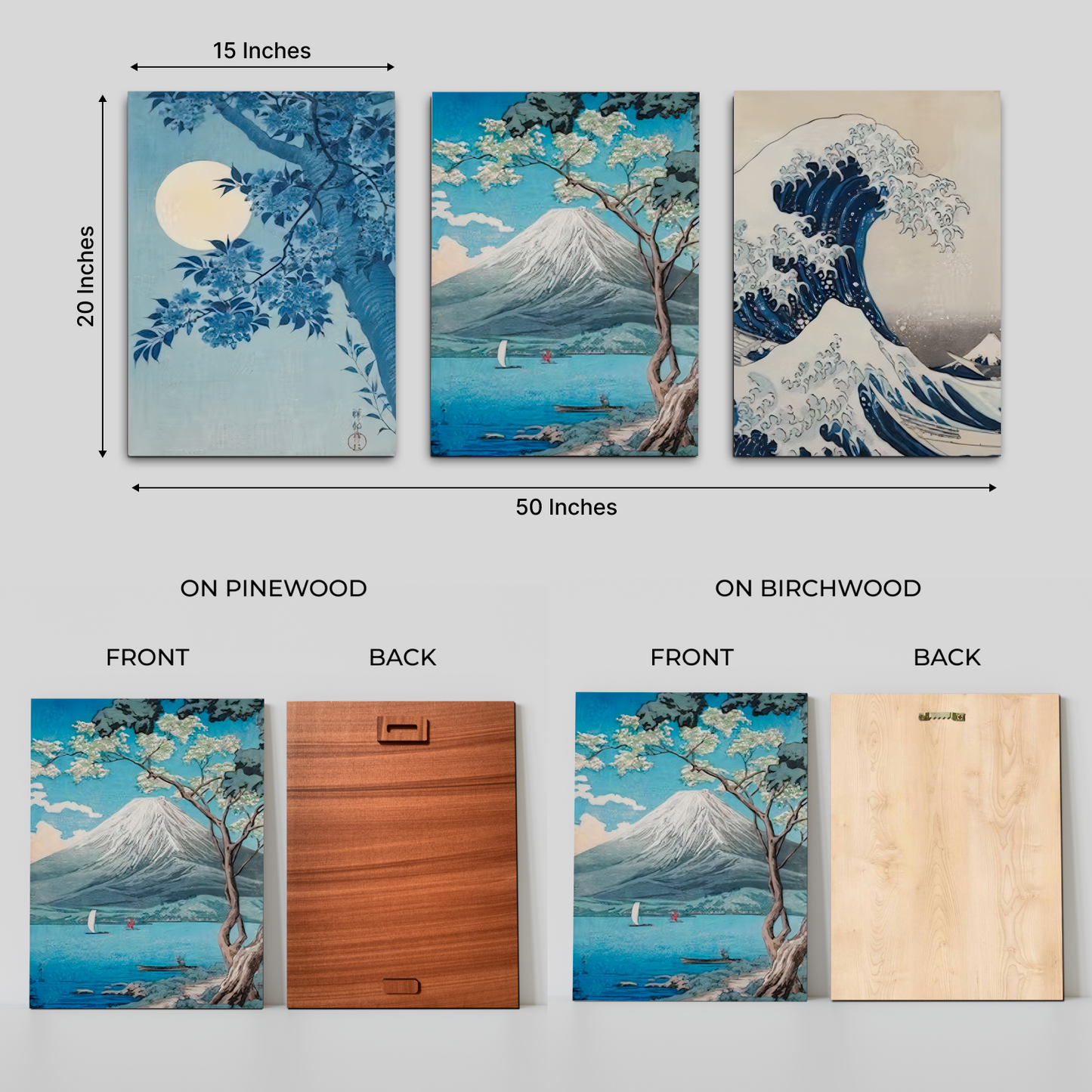 Nature Landscape Blue Wood Print Wall Art Set of 3