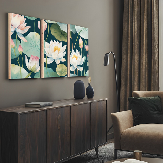 Lotus Wood Print Wall Art Set of 3