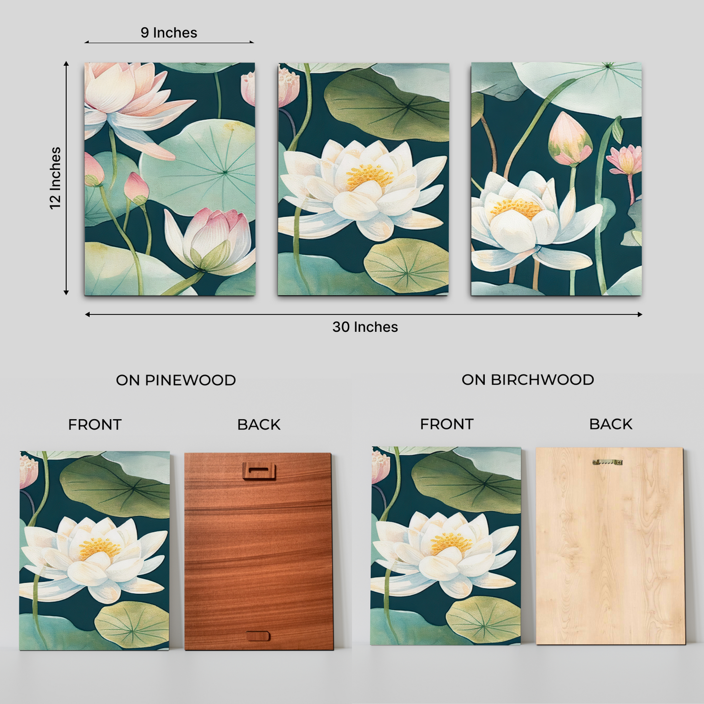 Lotus Wood Print Wall Art Set of 3