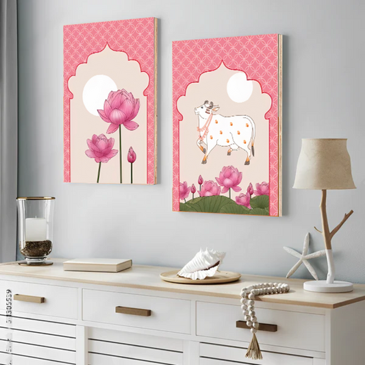 Cow and Lotus Pink Pichwai Wood Print Wall Art Set of 2