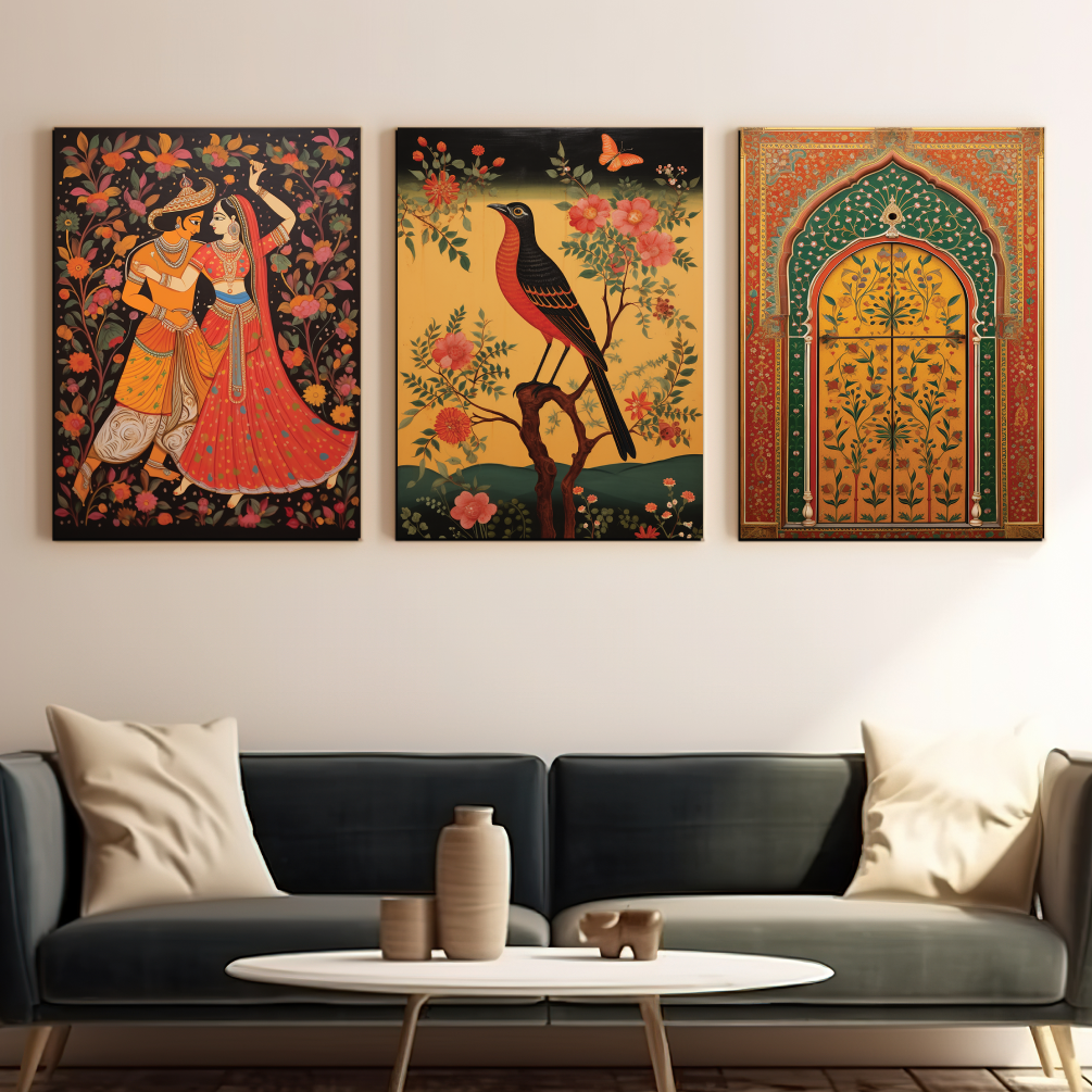 Traditional Rajasthani Couple Pichwai Wood Print Wall Art Set of 3