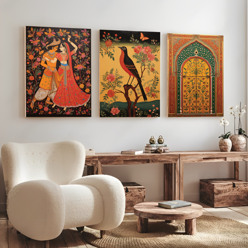 Traditional Rajasthani Couple Pichwai Wood Print Wall Art Set of 3