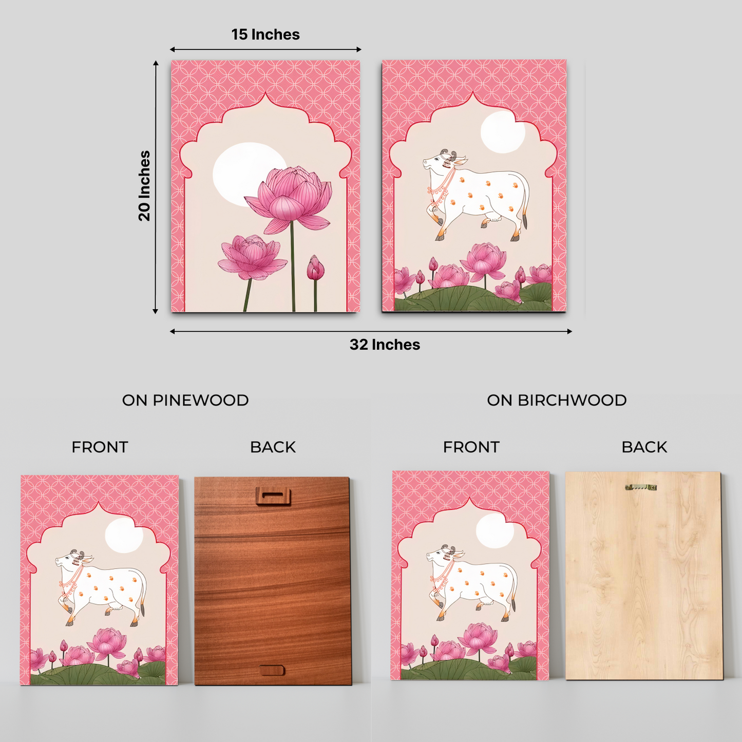 Cow and Lotus Pink Pichwai Wood Print Wall Art Set of 2