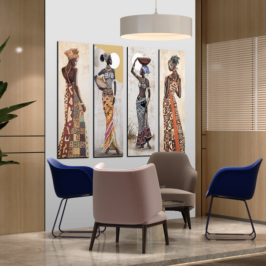 Set of 4 Tribal Women Wood Print Wall Art