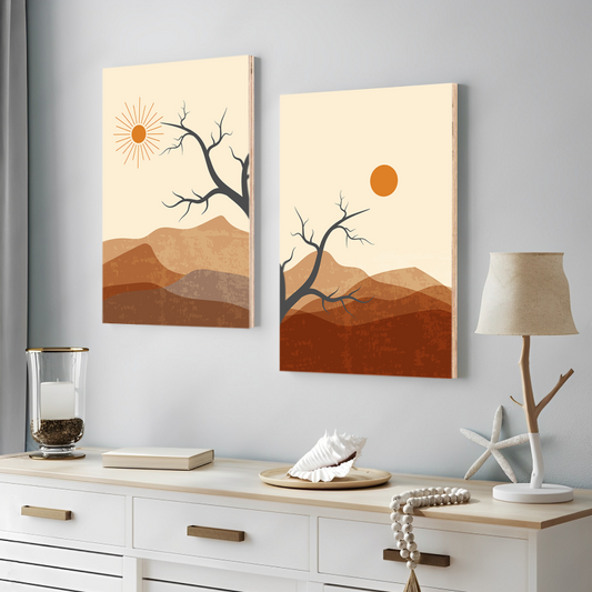 Sunset and Sunrise Boho Wood Print Wall Art Set of 2