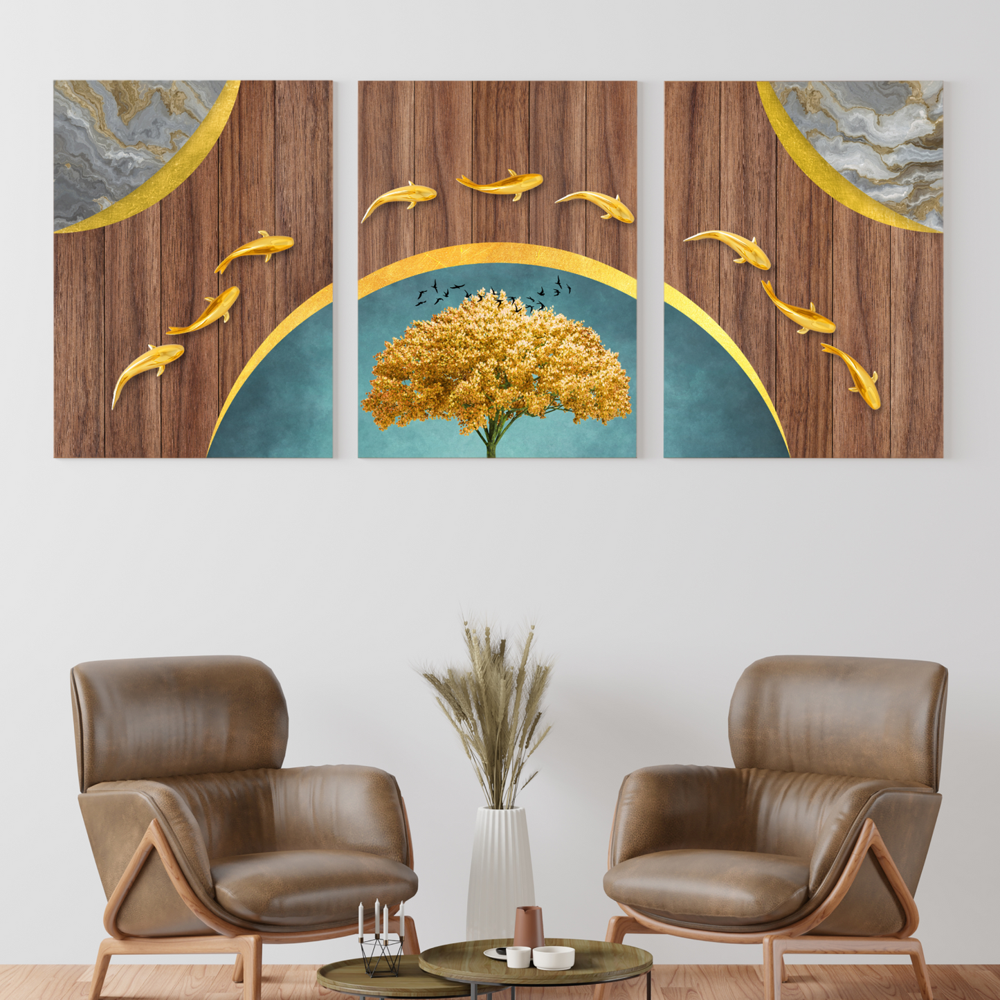 Lucky Gold Fishes Wood Print Wall Art Set of 3