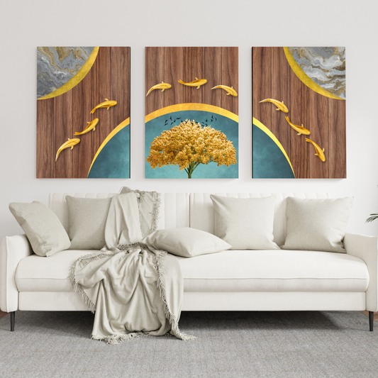 Lucky Gold Fishes Wood Print Wall Art Set of 3