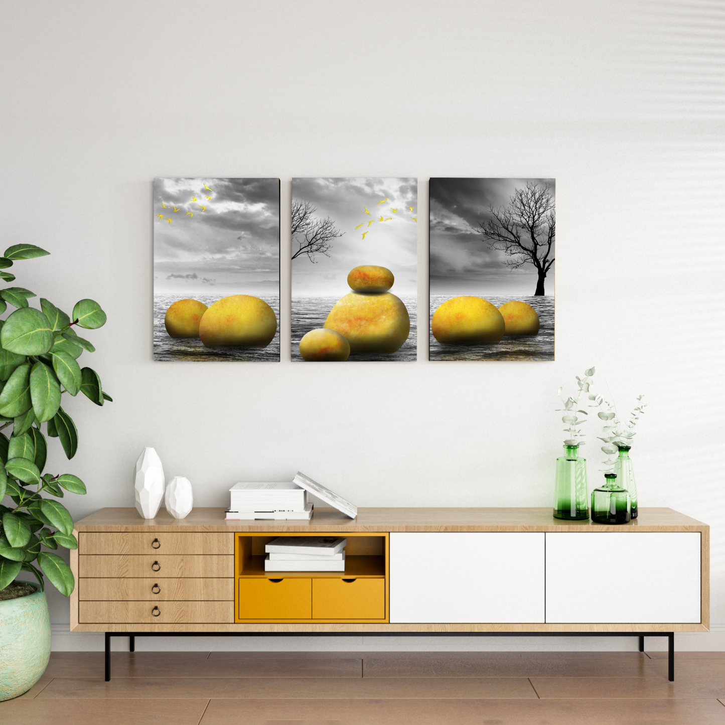 Abstract Golden Stone Wood Print Wall Art Set of 3