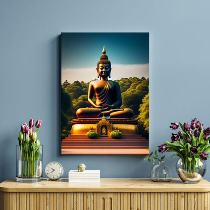 Buddha Meditating in Mountains Wood Print Wall Art