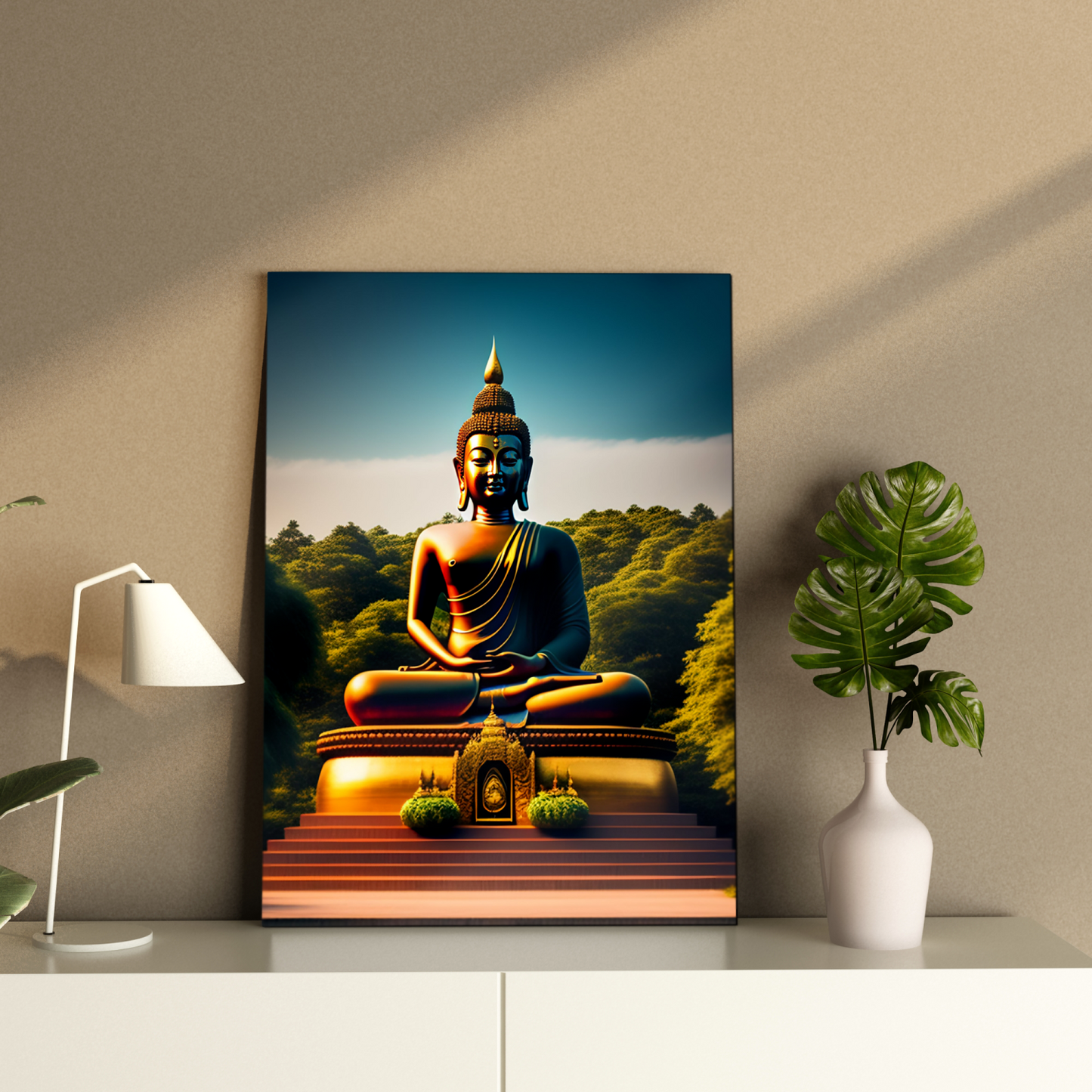 Buddha Meditating in Mountains Wood Print Wall Art