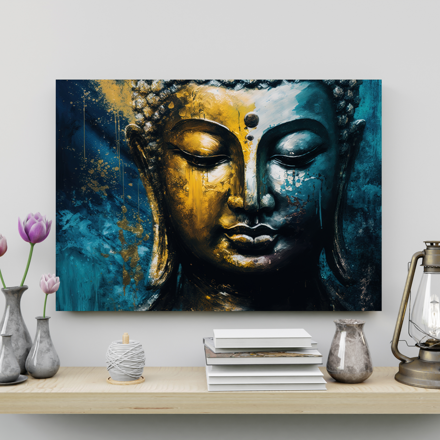 Meditating Buddha Gold & Blue Brush Paint Wood Print Wall Art