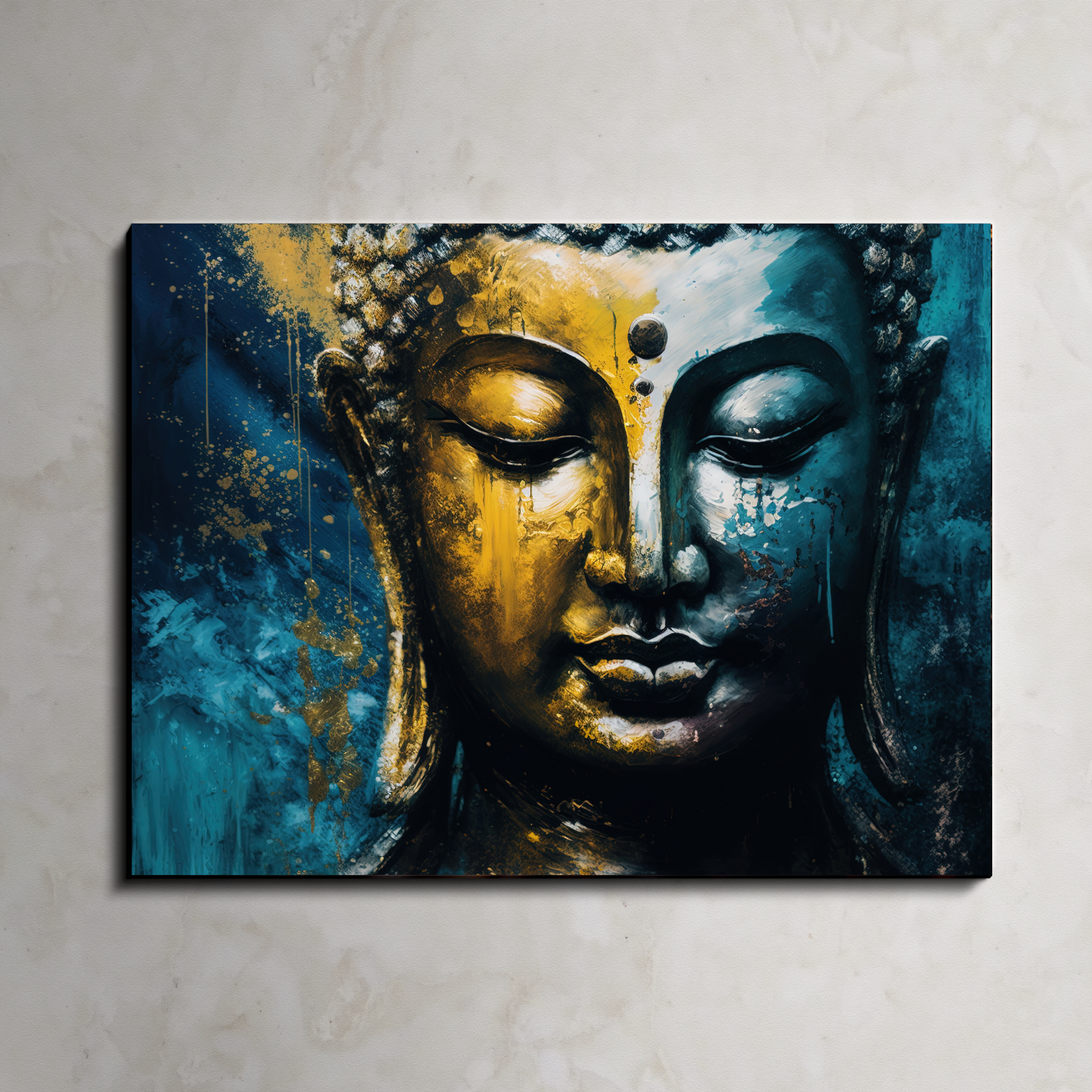 Meditating Buddha Gold & Blue Brush Paint Wood Print Wall Art