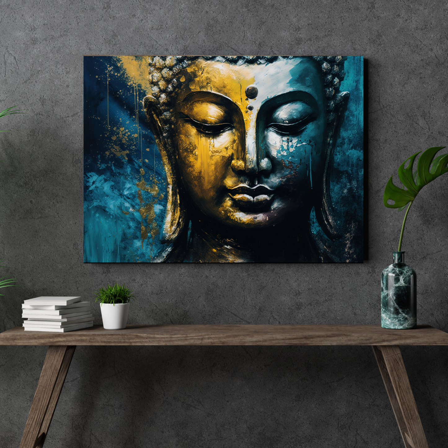 Meditating Buddha Gold & Blue Brush Paint Wood Print Wall Art